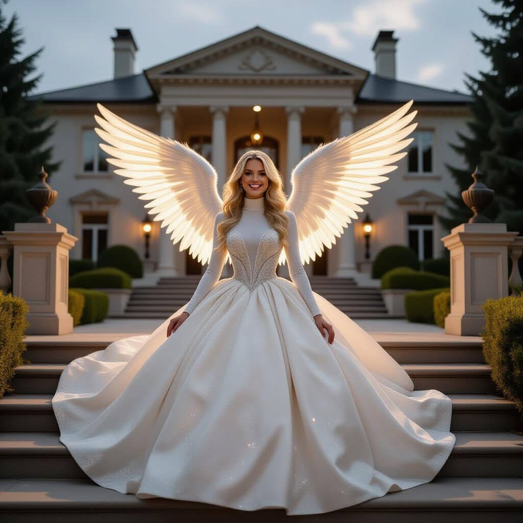 Angel in Sparkling Gown Poses at Mansion, Cinematic Style
