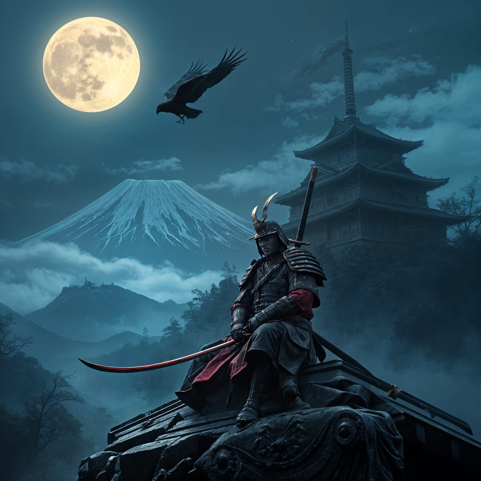 Samurai at Mount Fuji on Moonlit Night