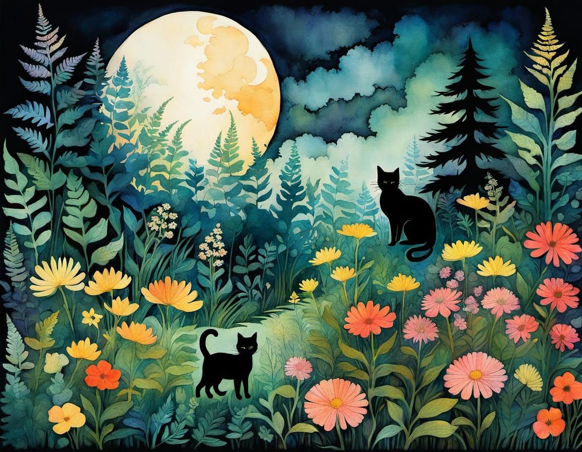 Moonlit Garden with Cats in Whimsical Illustration Style