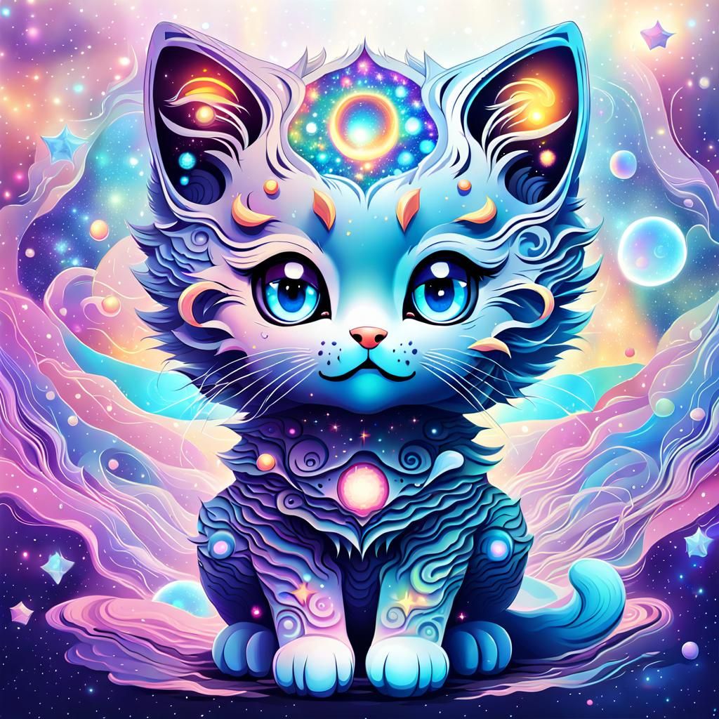 Cute Anime Kitten in Cosmic Holographic Style