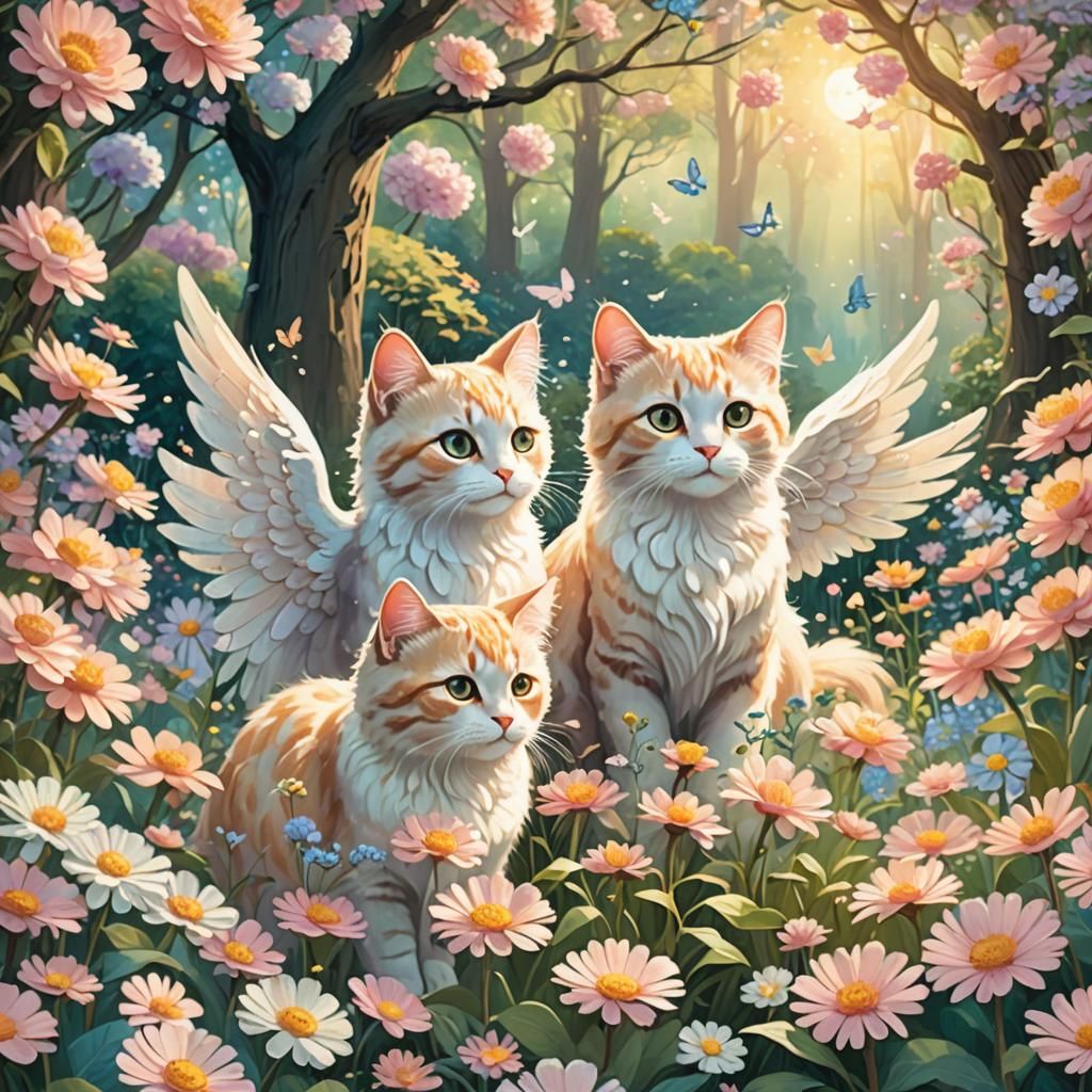 Angel Cats in a Dreamy Garden, Miyazaki Style