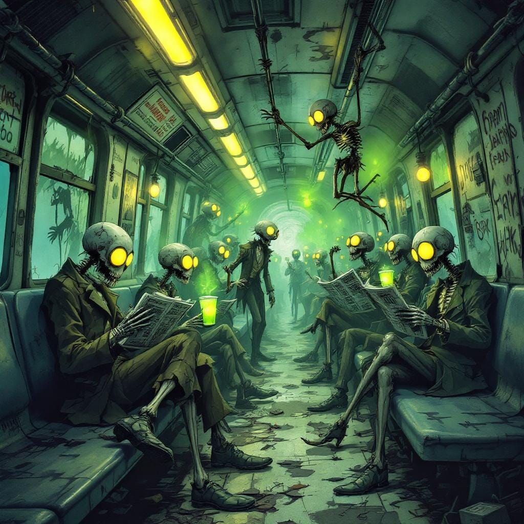 Tim Burton Style: Quirky Skeletons on Subway Train