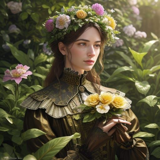 Victorian Automaton in Overgrown Garden: Hyperrealistic Phot...