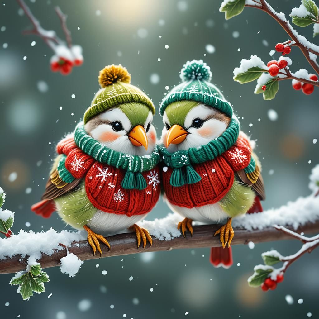 Birds in Winter Clothes: Whimsical Digital Illustration