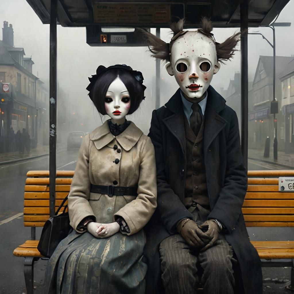Dystopian Doll Mask Couple at Bus Stop