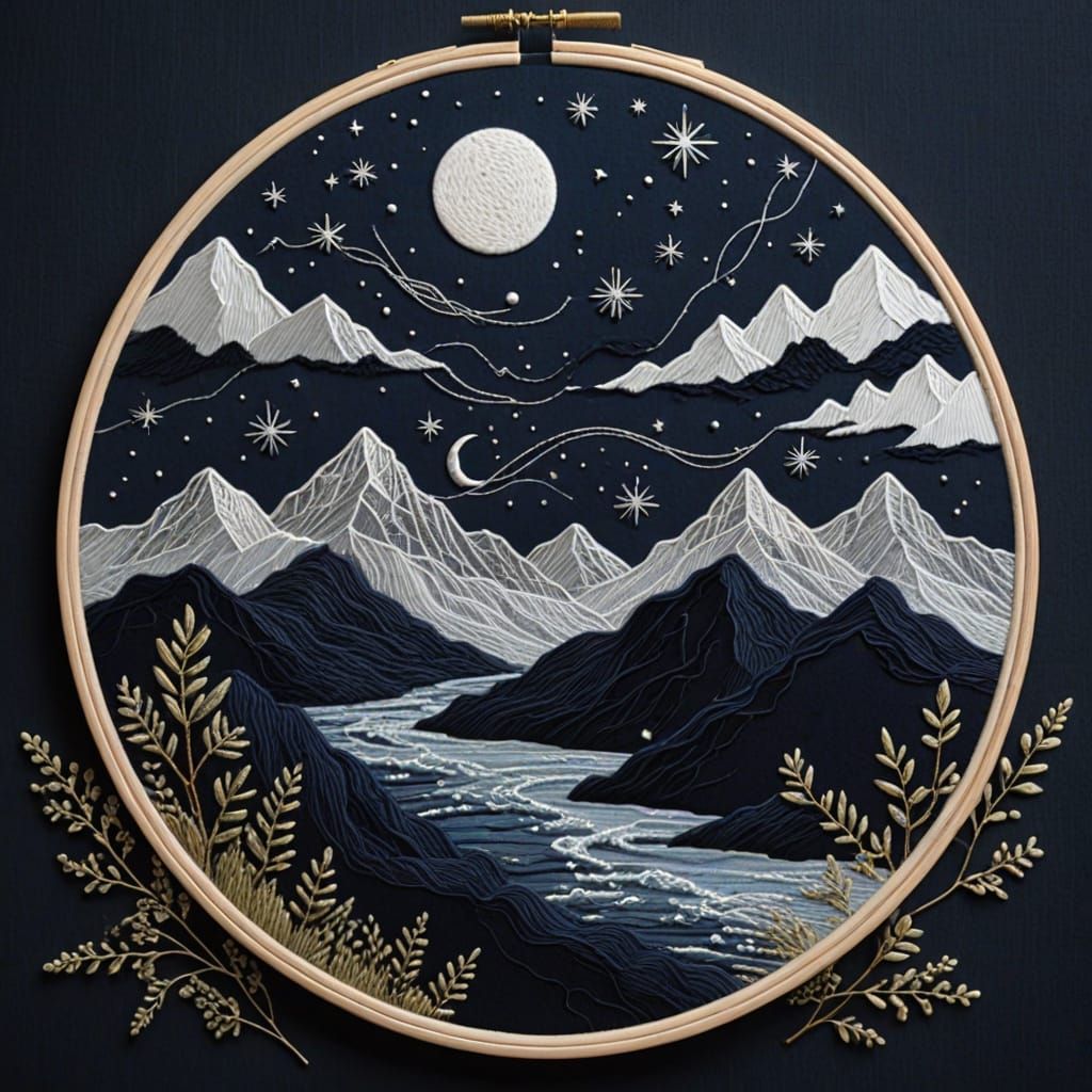 Embroidery Art of Snowy Mountains Under a Starry Night Sky
