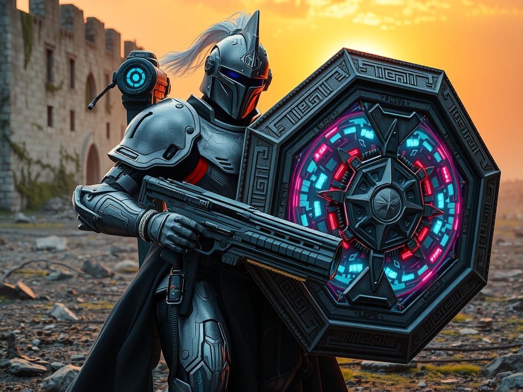 Cyberpunk Knight in Bioluminescent Armor Wields Ancient Shie...