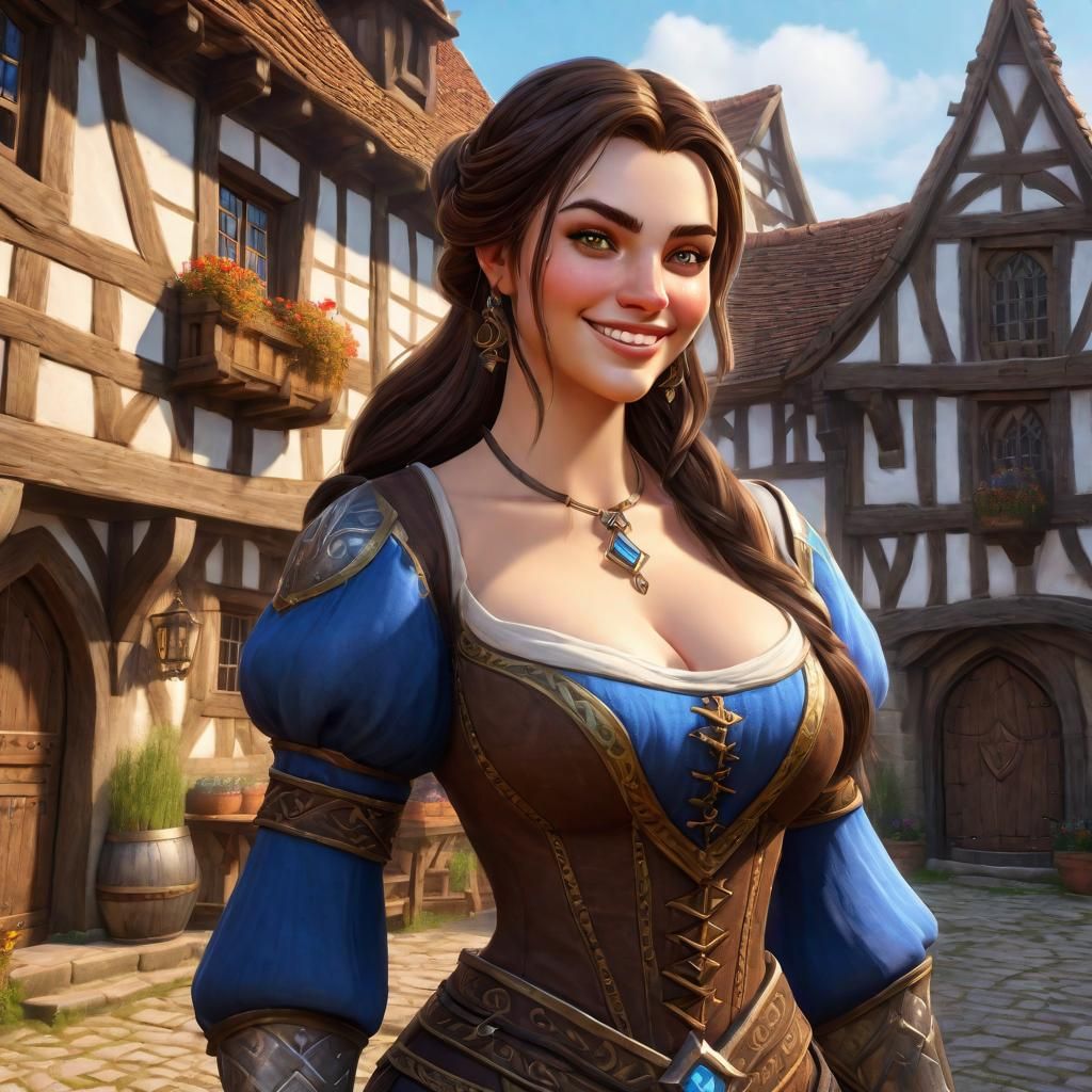Attractive Brunette with Mischievous Smile in Warcraft Style