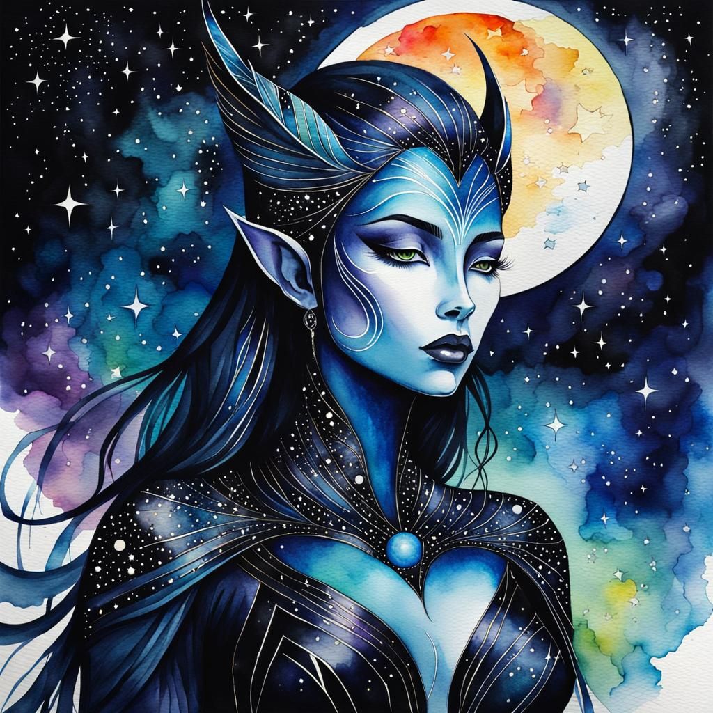 Gaia in Watercolor with Ink on Dark Night