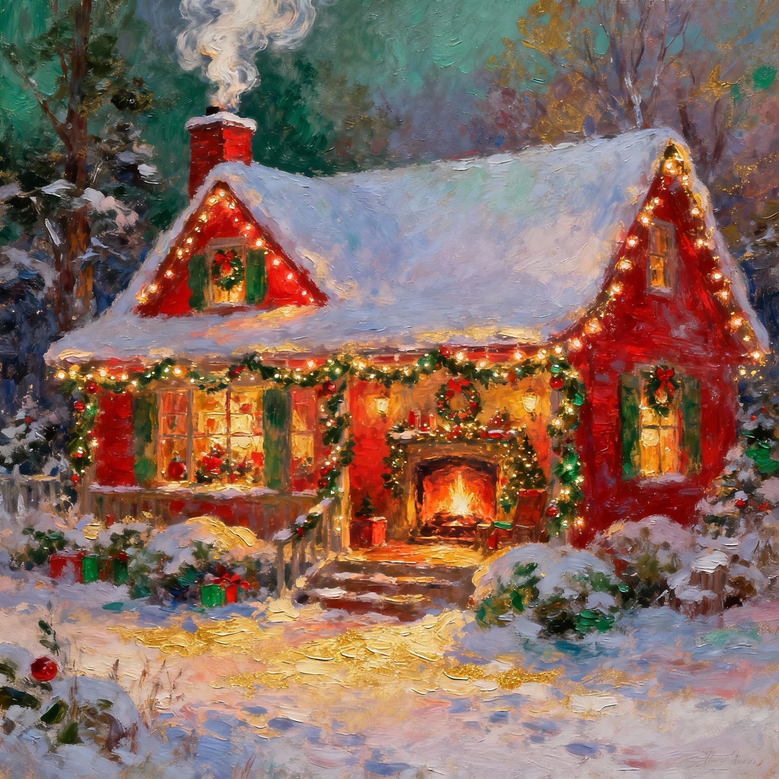 Cozy Snow-Covered Cottage with Christmas Lights