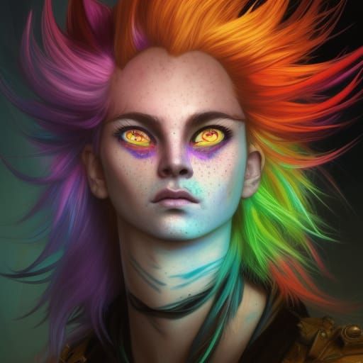 Androgynous Character with Rainbow Hair, Hyperdetailed Art