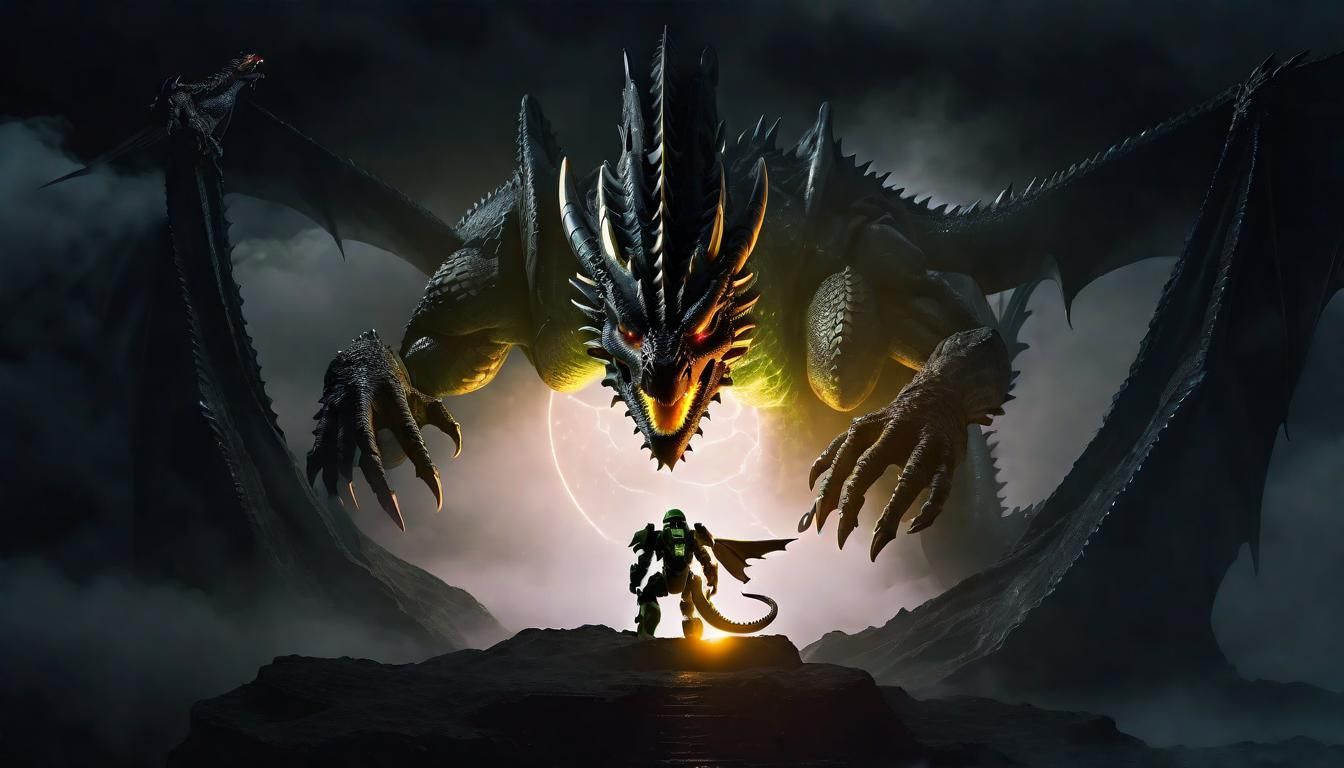 Colossal Black Dragon God and Master Chief