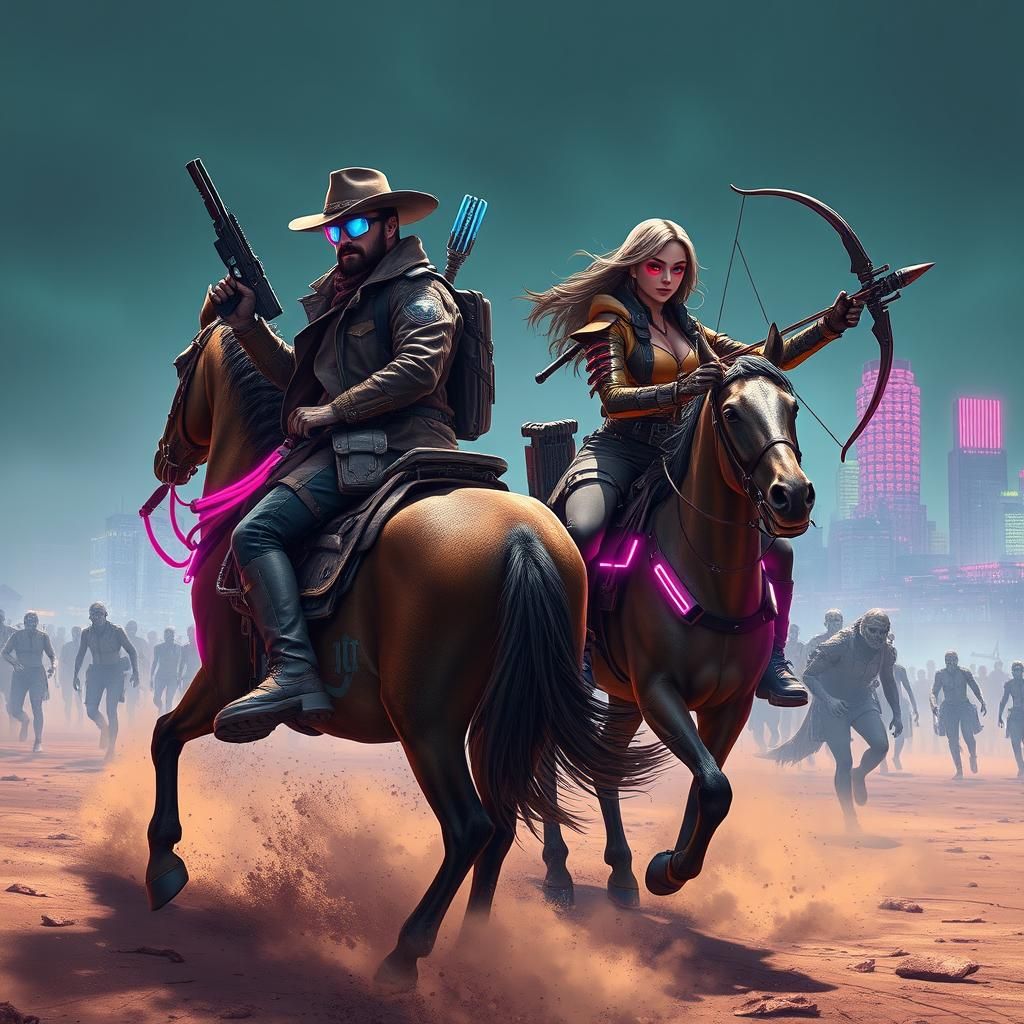 Cyberpunk Heroes Face Zombie Horde on Robotic Horses