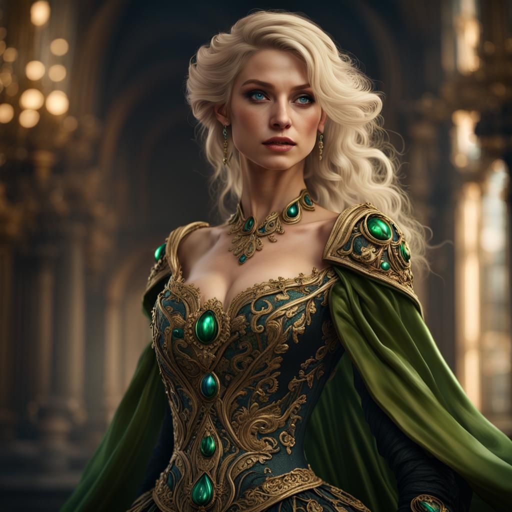 Blonde Woman in Green and Gold Gown: Fantasy Art