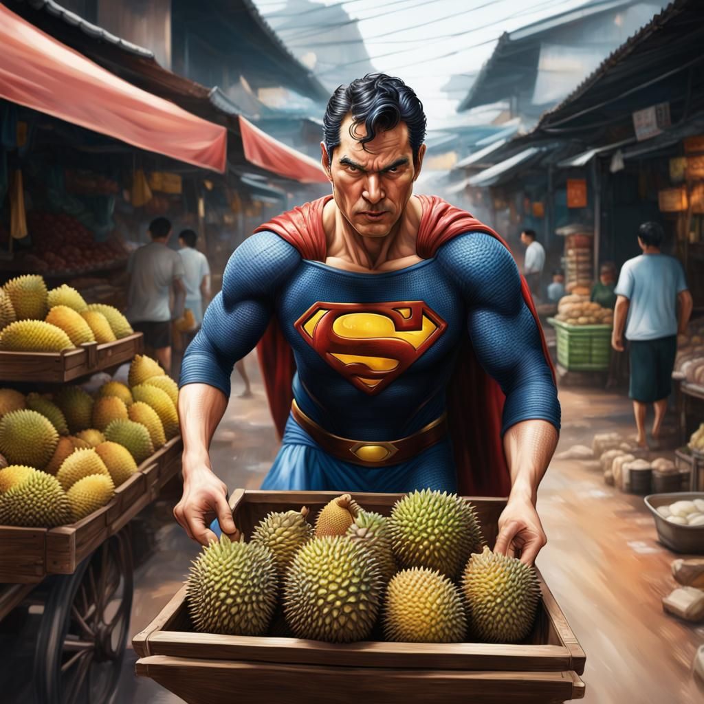 Sweaty Superman Pushing Durian Cart: Hyperrealistic Art