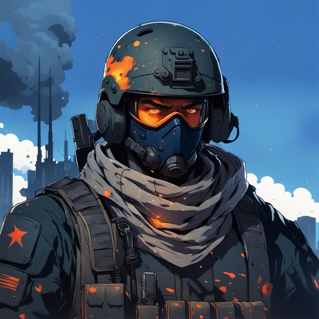 Anime Soldier in War-Torn Cityscape
