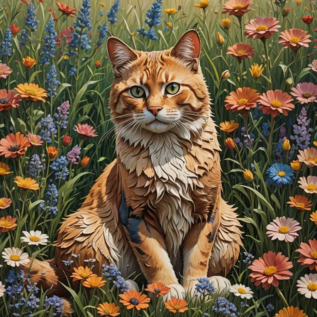 Detailed Cedar Carving of Cat in Flower Meadow