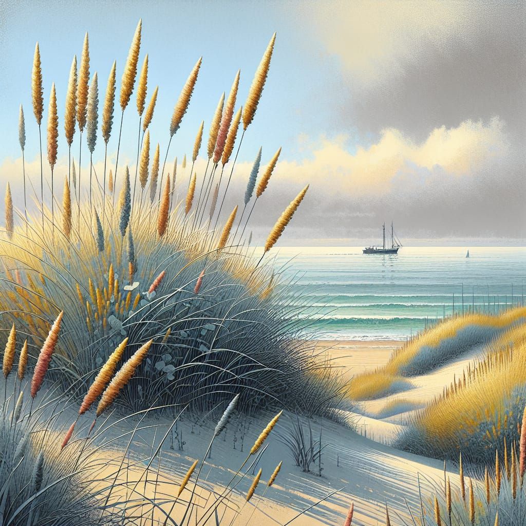 Seascape Through Beach Grass with Boat, Impressionist Painti...
