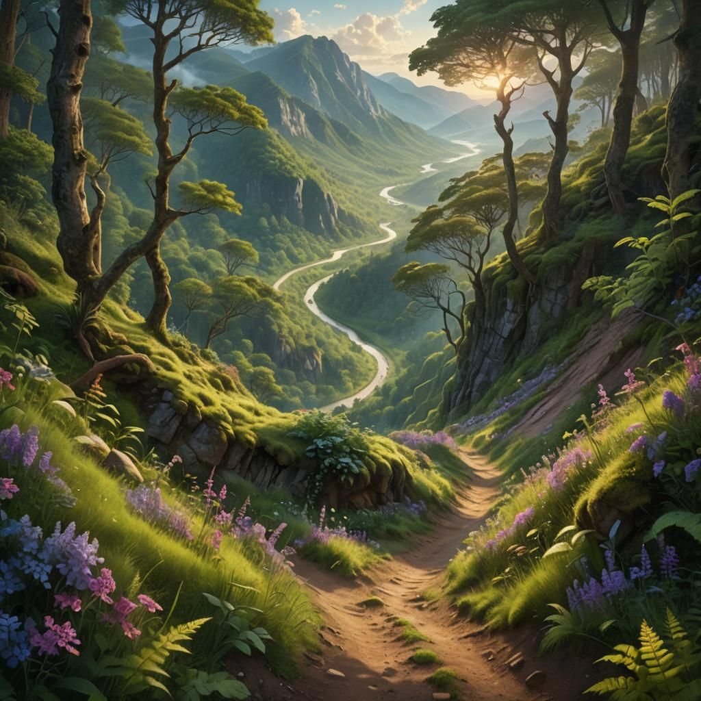 Lush Forest Hiking Trail with Misty Valley View