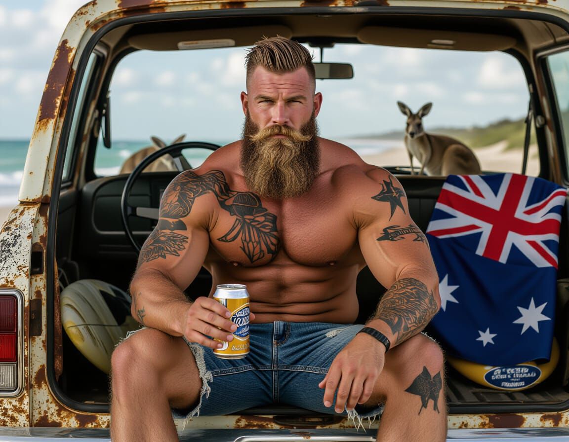 Australian Bodybuilder Relaxing on Beach in Rusty Car