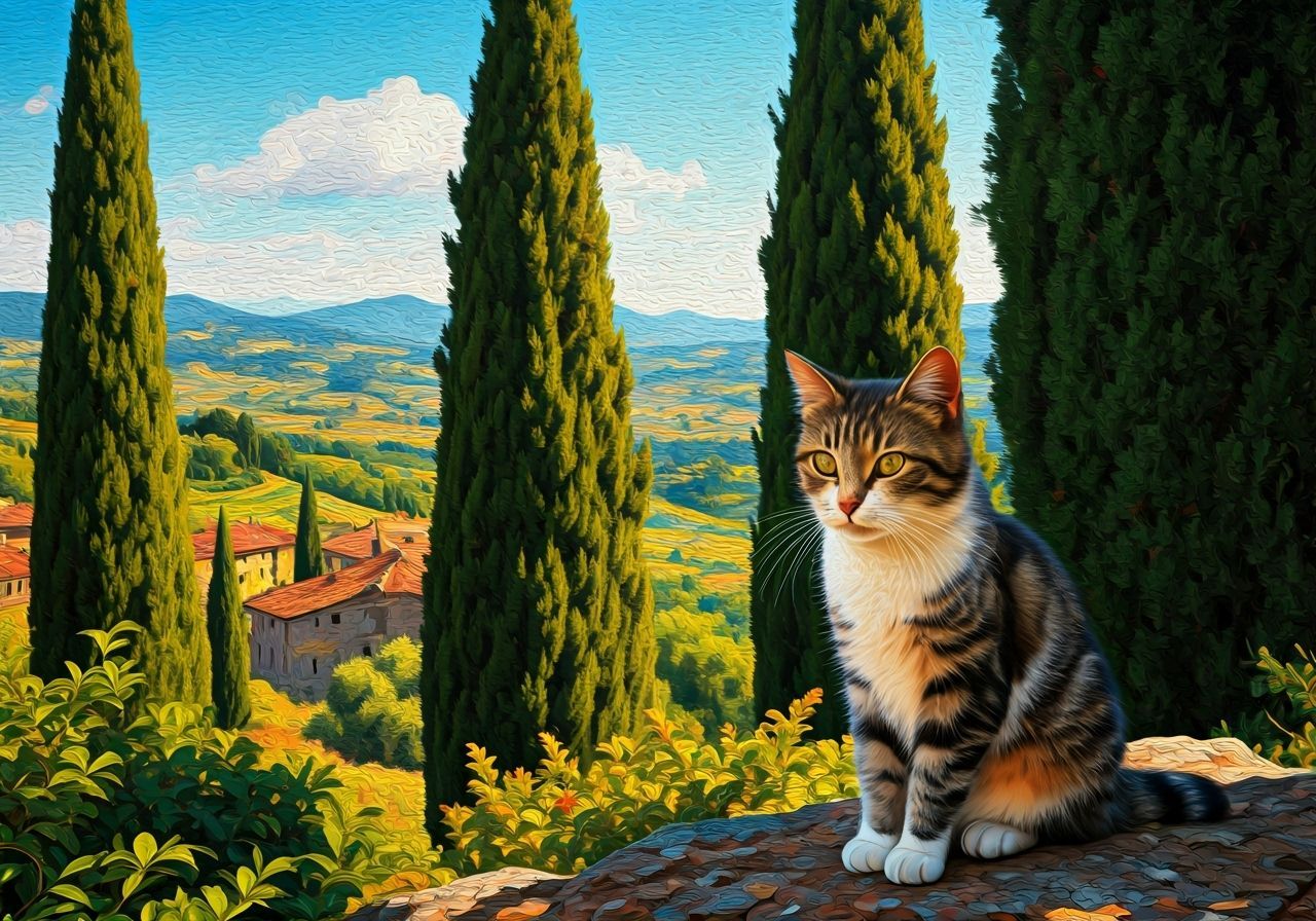Impasto Cat in Italian Landscape with Cypress Trees