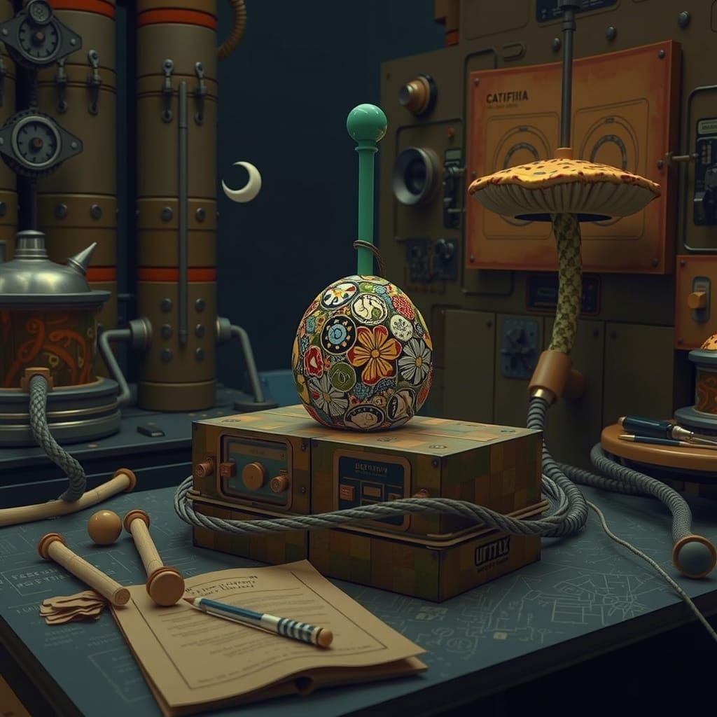 Whimsical Fantasy Landscape with Oversized Mushroom Flags