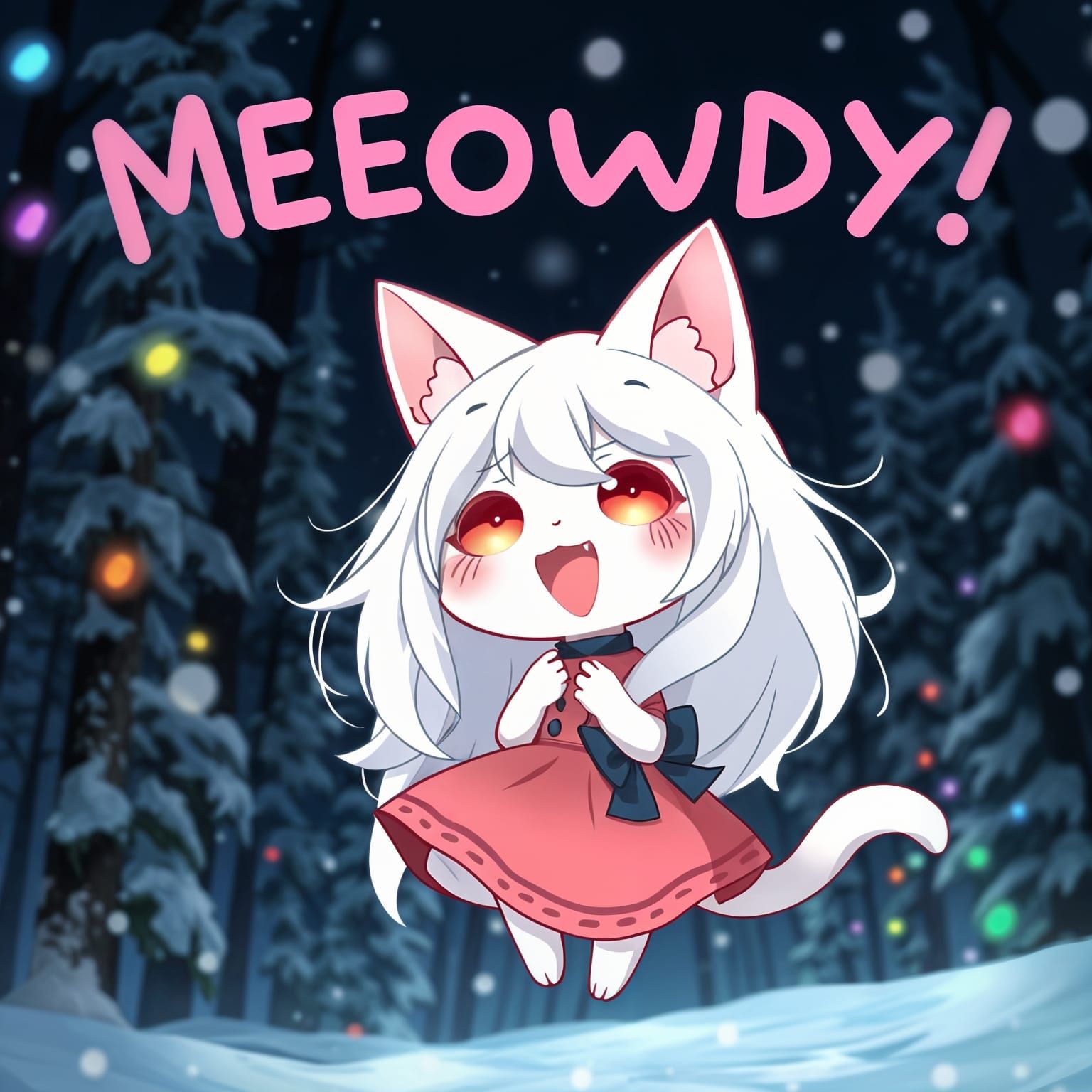 Whimsical Anime Catgirl Dances in Snowy Pine Forest