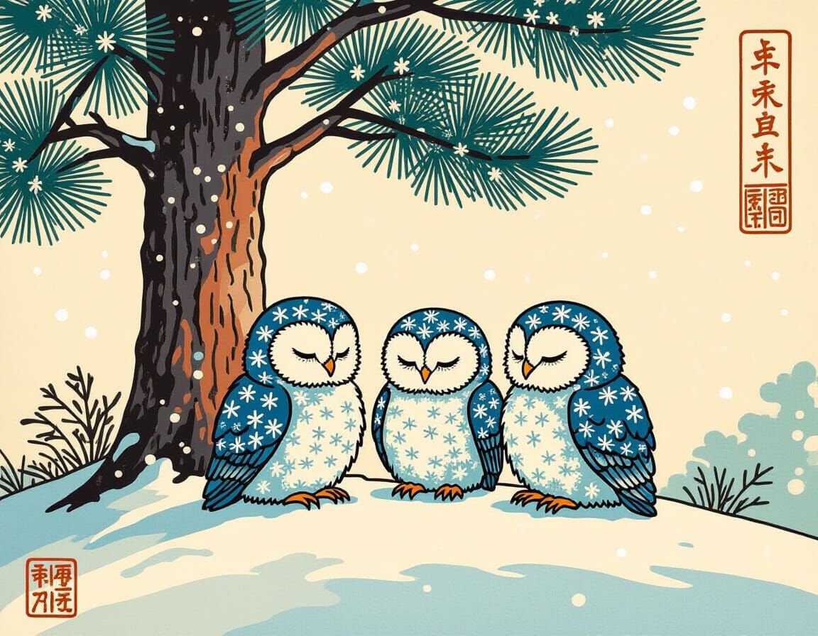 Snowflake Owlets Meditating in Ukiyo-e Style
