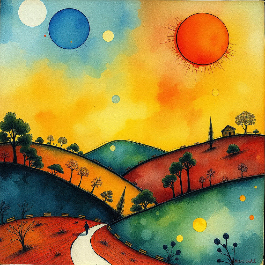 Eclectic Surrealist Landscape in Watercolor Style