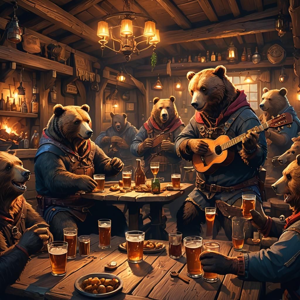 Bears' Wild Tavern Party in Digital Art