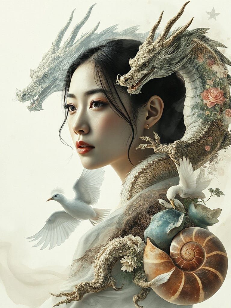 Surreal Double Exposure: Woman, Dragon, Nautilus, Bird