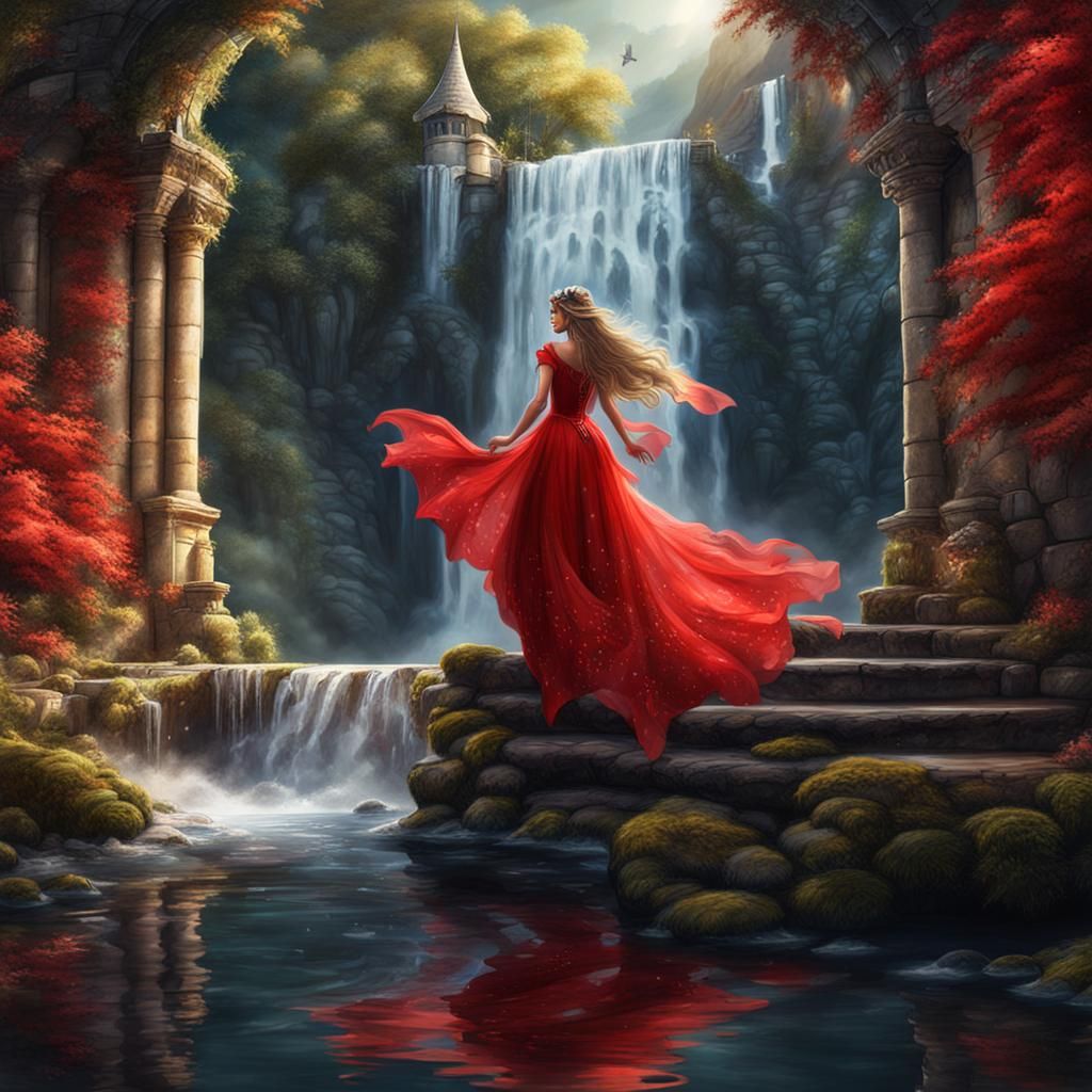 Fairy in Red Dress at Castle Waterfall