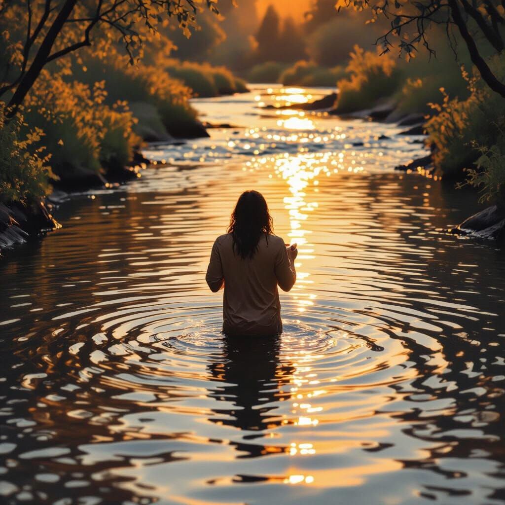Figure Eats Meal in River at Golden Hour