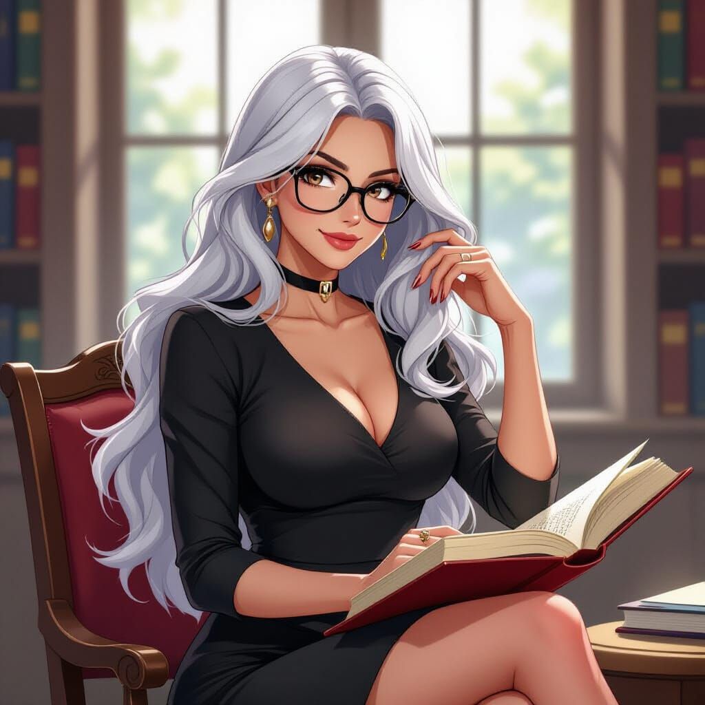 Elegant Teacher in Cel-Shaded Anime Style