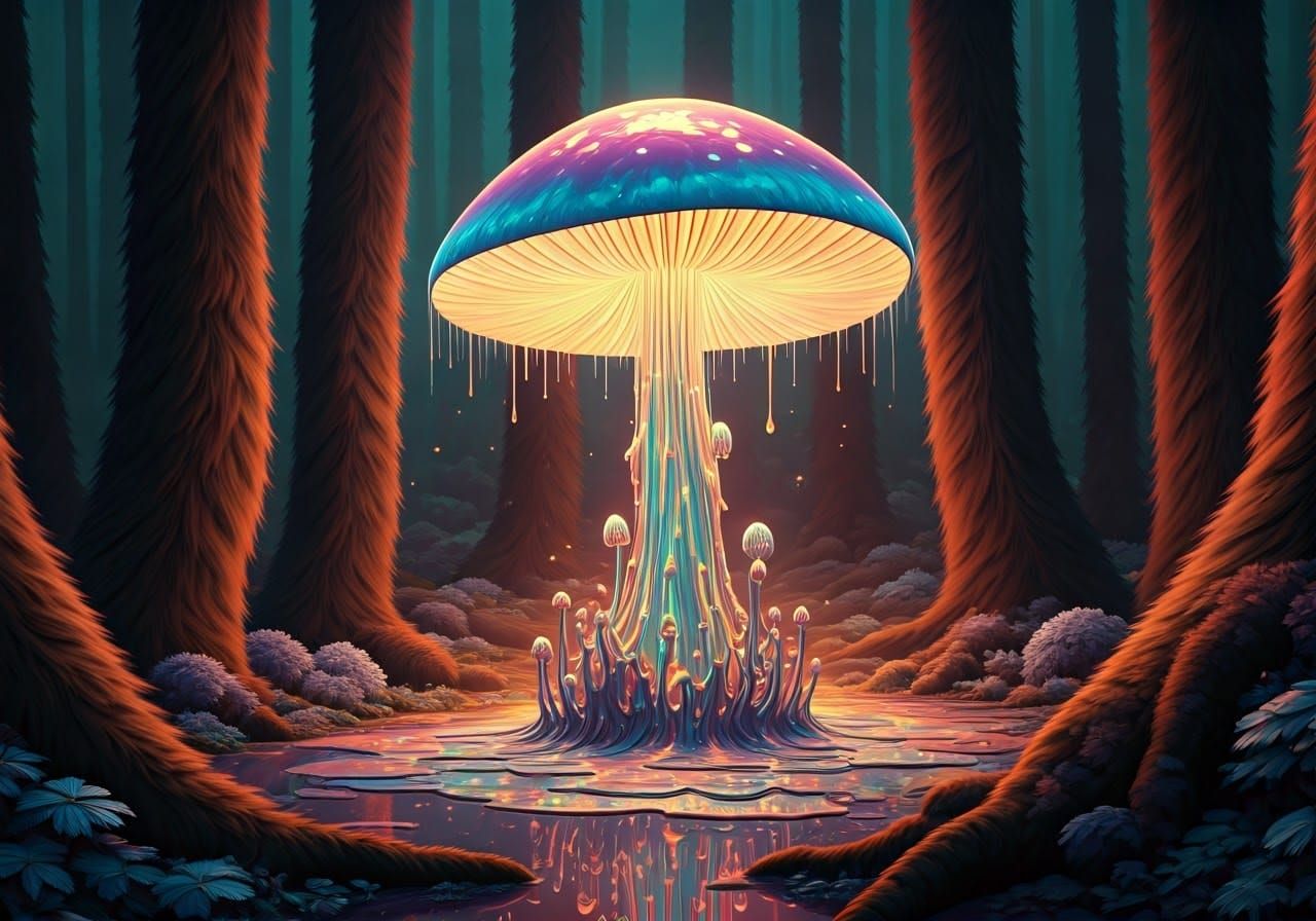 Iridescent Mushroom in Surreal Cat Fur Forest