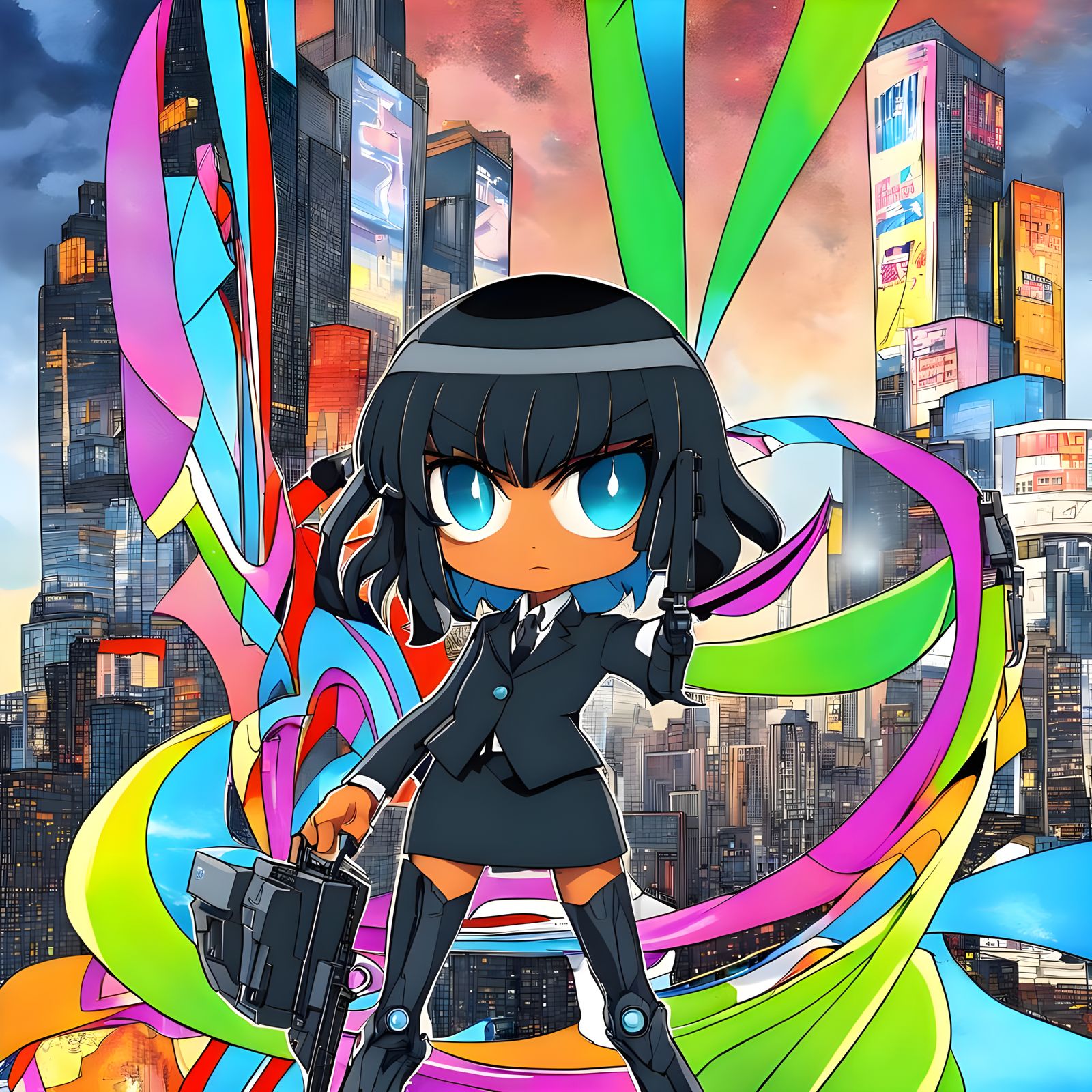 Cyborg Woman in Black Business Suit with Submachine Gun