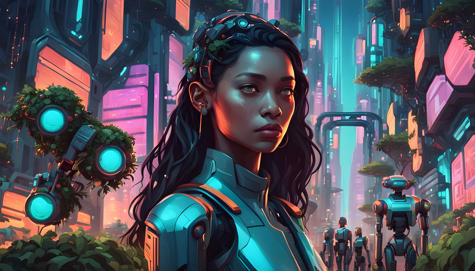 Futuristic Bio-Tech City with Humanoid Robots