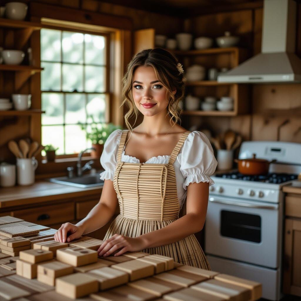Tradwife in Wooden Kitchen: Cinematic Film Still