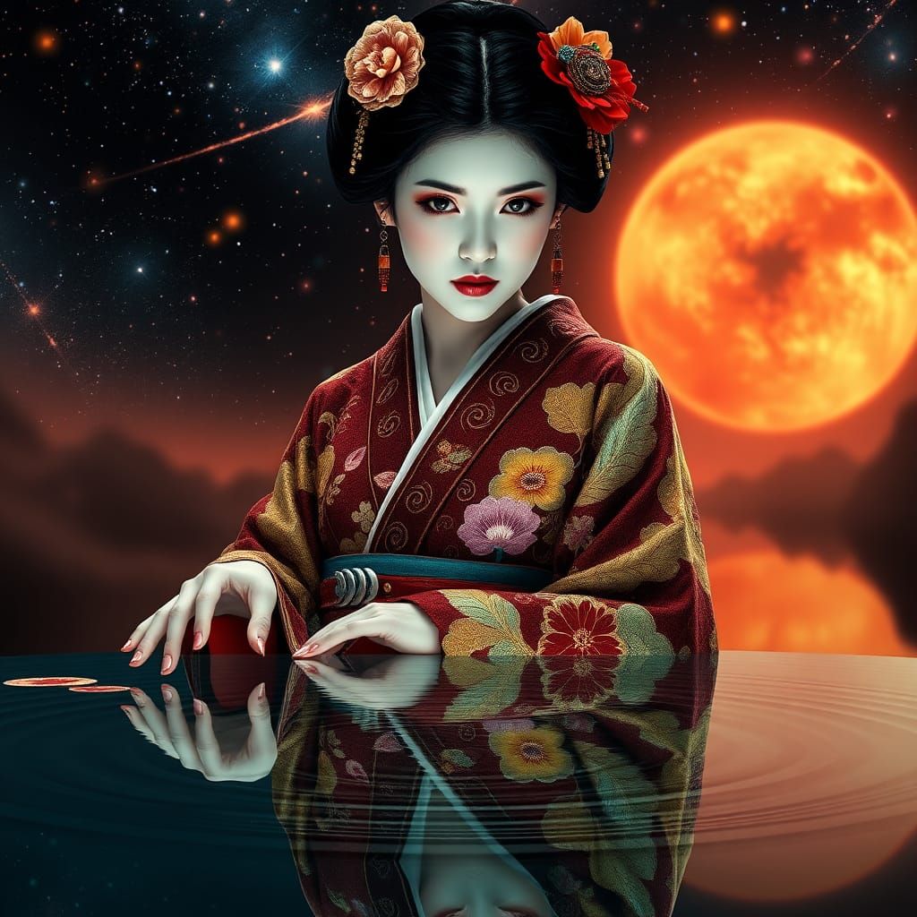 Geisha in Lace Kimono Reflecting in Lotus Pond