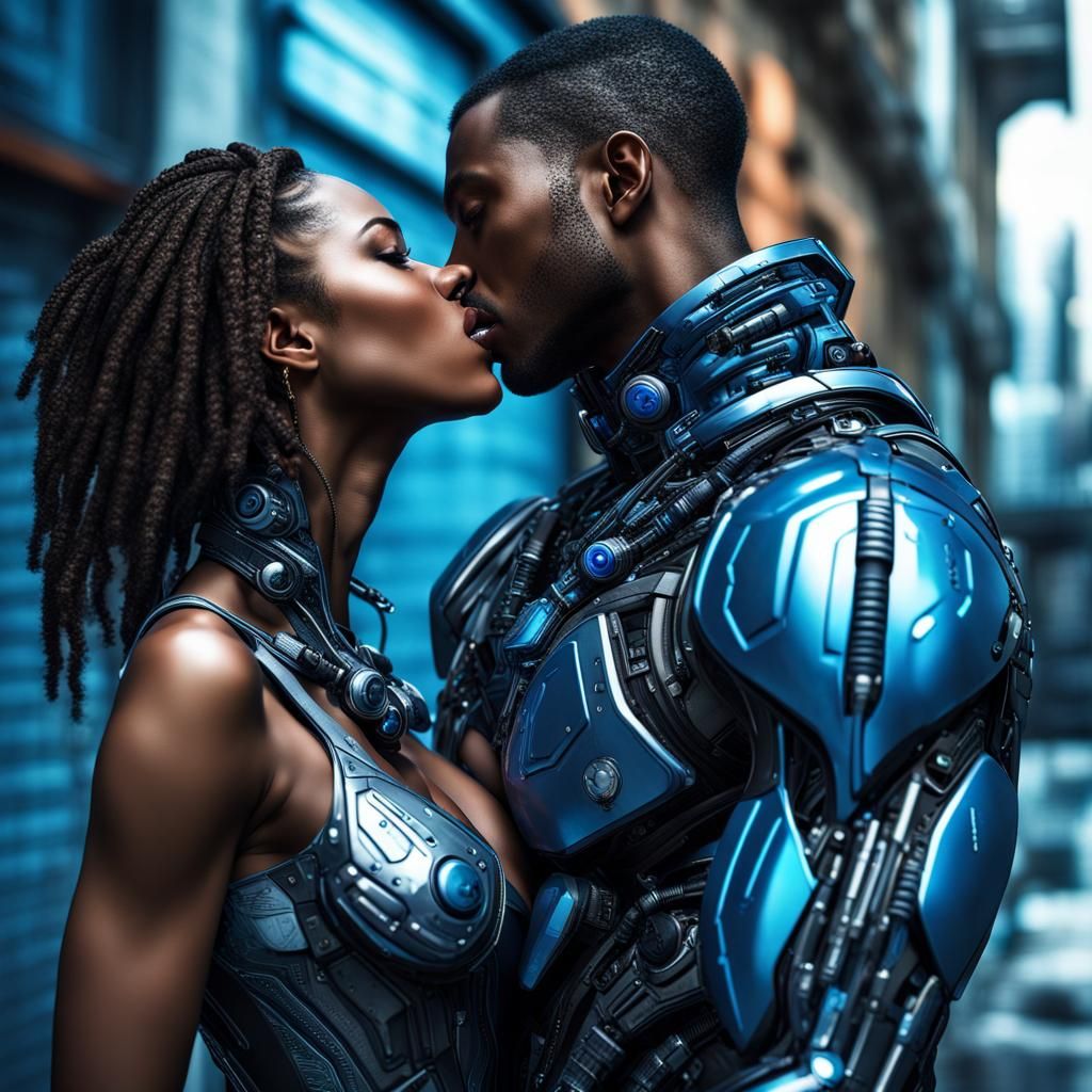 Futuristic City Alley Kiss with Blue Genie