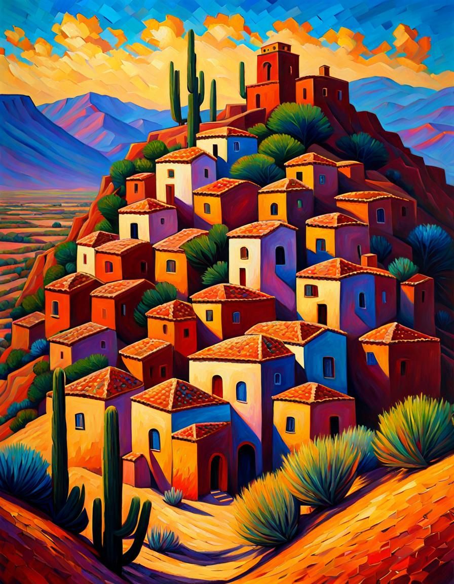 Desert Mesa Village in Expressionist Oil Painting Style