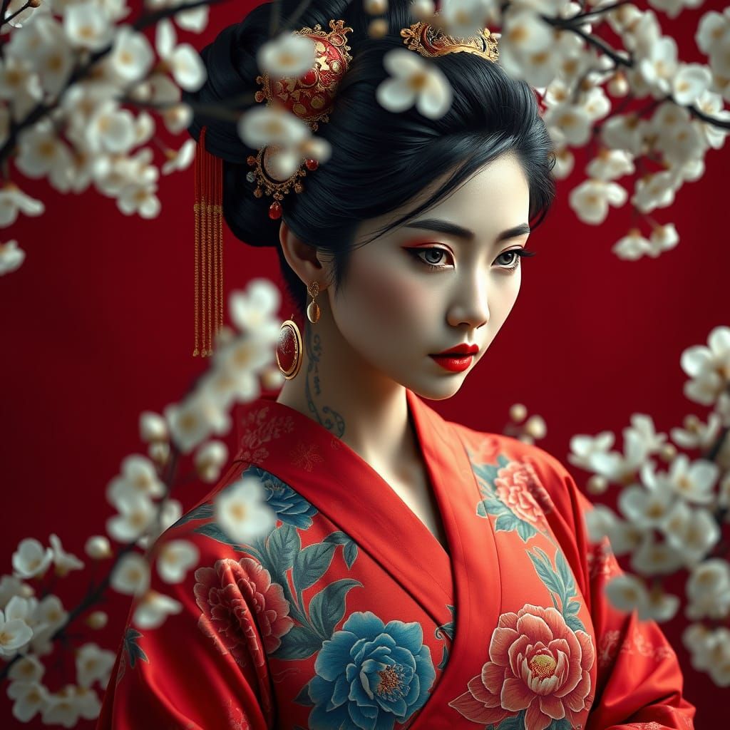 Ethereal Asian Goddess in Vibrant Kimono Amidst Cherry Bloss...