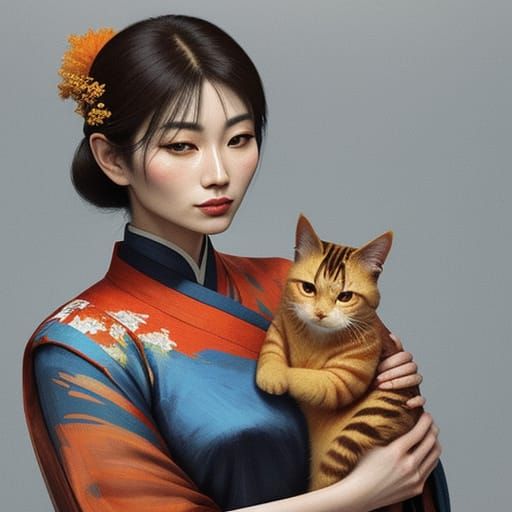 Abstract Impressionist Woman Holding Ginger Cat