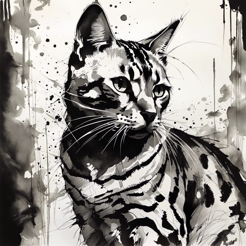 Dramatic Monochrome Ink Painting of Bengal Cat