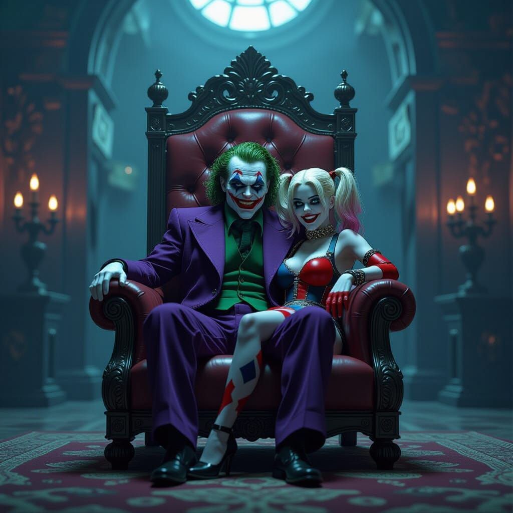 Joker's Throne Room with Harley Quinn, Photorealistic