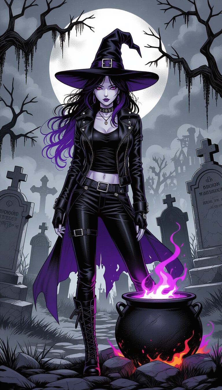 Korean Witch in Gothic Cemetery, Manga Illustration