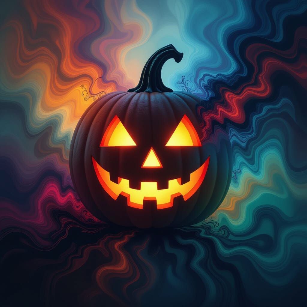 Surreal Halloween Silhouette with Fractal Color Streams