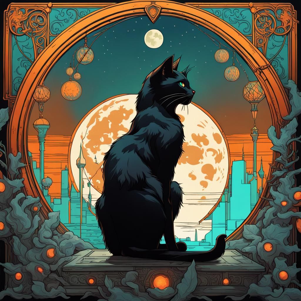 Black Cat Tarot Card in Digital Art Style