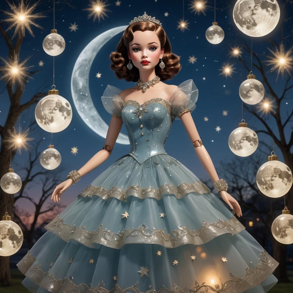 Mechanical Doll in Glass Dress Under Night Sky