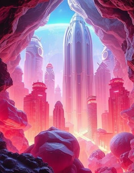 Futuristic Metropolis Inside a Rose Quartz Geode